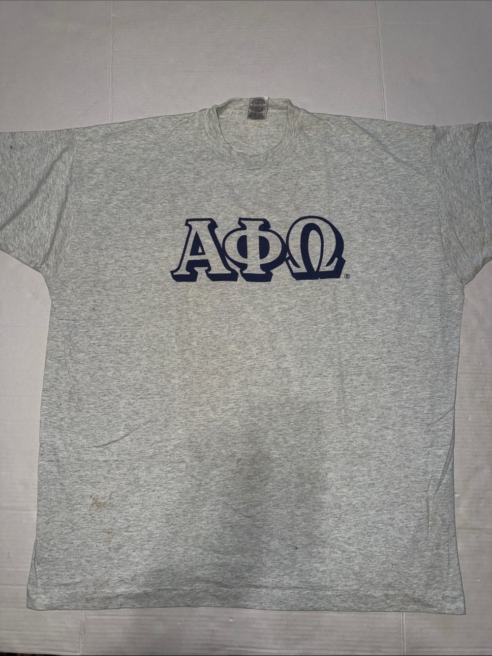Fruit of the Loom Gray T-Shirt with Navy Alpha Phi Omega Letters